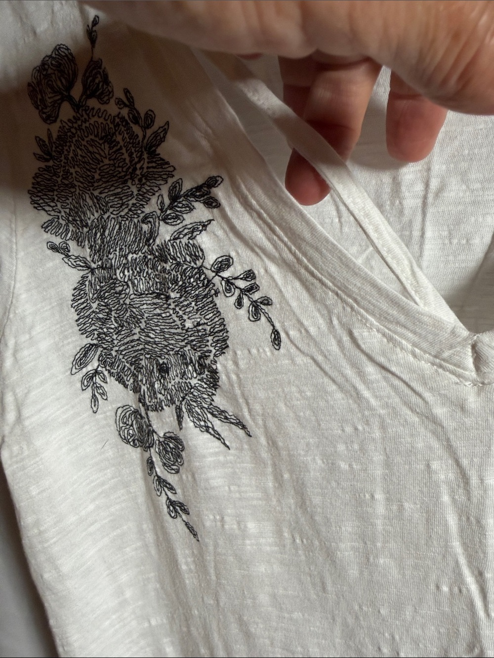 Lucky Brand Women's Ivory V-Neck Short Sleeve Tee with Black Floral Embroidery - Picture 6 of 8